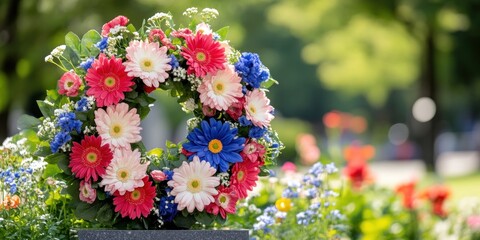 A respectful wreath of red white and blue flowers adorns a commemorative plaque honoring fallen heroes