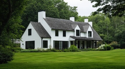 A stunning image of brand new, white contemporary farmhouse with a dark shingled roof and black windows.