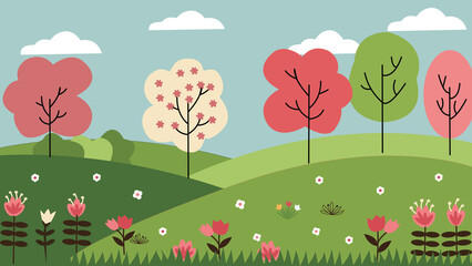 vector illustration of colorful flowers blooming on a green meadow in natural light