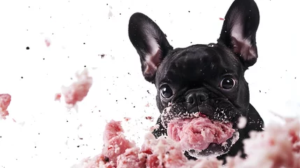 Gordijnen Playful French Bulldog Having Fun with Pink Food Mess in Studio © wacharagorn
