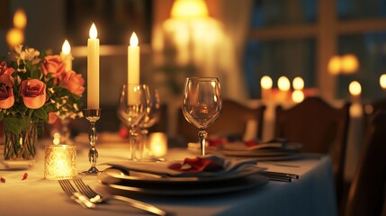 Romantic dinner setting with candles and flowers