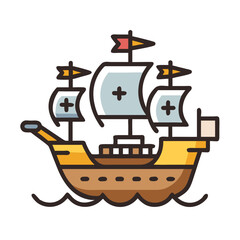 Cartoon Galleon Ship Sailing with Crosses on Sails - Vector Illustration