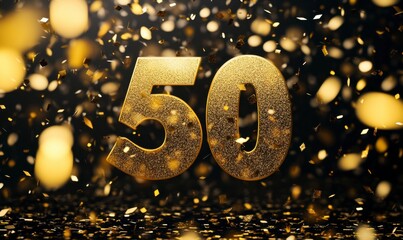 Glittering Golden 50 Celebration with Sparkling Confetti Background
