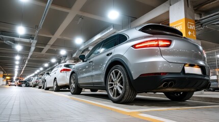 White cars parked neatly in a spacious interior parking structure, illuminated by soft natural light reflecting on the surfaces