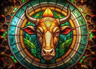 Obraz premium Taurus Zodiac Sign: Stained Glass Bull Head, July-August Astrology Horoscope Background - Low Light Photography