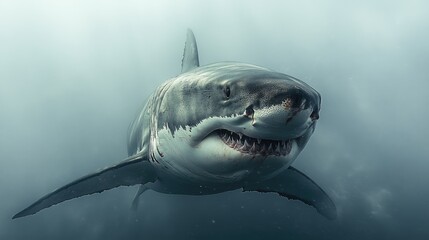 Great white shark swims underwater showing teeth in a marine environment.