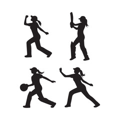 Female Sports Silhouette Icon Set - Cricket and Basketball Activities