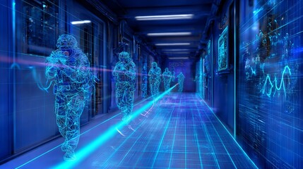 Innovation in army forces with holographic communication and AI technology in a military corridor