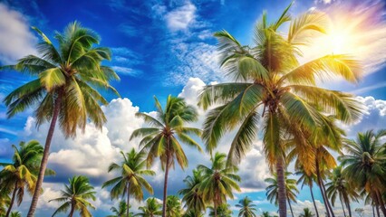 Obraz premium Palm trees sway gently in the warm tropical breeze under a bright blue sky with fluffy white clouds and a few wispy strands of cirrus , scenery, nature