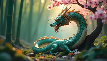 Obraz premium Dragon Under Cherry Blossoms in Bamboo Forest