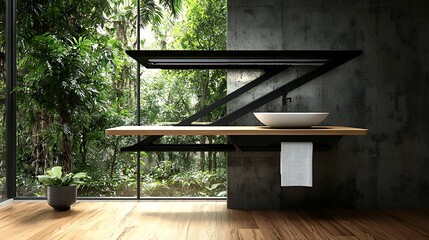 Modern bathroom with natural elements and minimalistic design surrounded by greenery