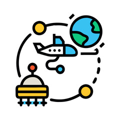 Space exploration icon with spaceship, Earth, and planets against a black background