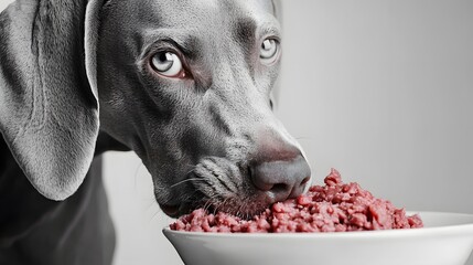 Grey Dog Close-Up Enjoying Fresh Meat from a White Bowl