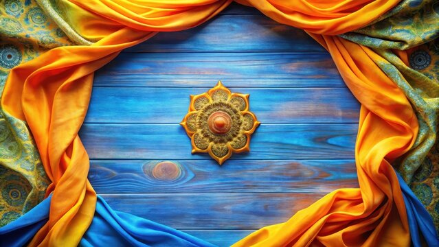Vast blue chakra background with vibrant yellow and orange striped fabric draped elegantly on a wooden frame , Fabric