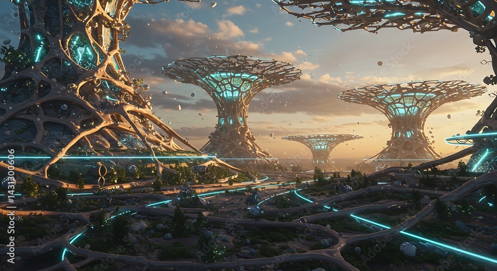 Poster A futuristic cityscape with unique, tree-like structures under a cloudy sky. The architecture is innovative, with glowing elements and intricate designs.