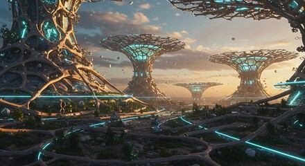 A futuristic cityscape with unique, tree-like structures under a cloudy sky. The architecture is innovative, with glowing elements and intricate designs.