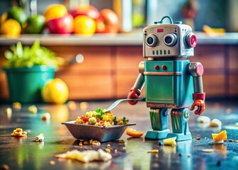 Tiny Robot Cleaning Up Kitchen Waste,  Adorable Miniature Bot Disposing Trash,  Funny Food Photography Scene