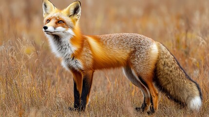 Fototapeta premium Red fox standing alert in golden meadow, looking upward with soft morning light and natural background 