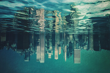 Submerged city skyline upside down reflection in water