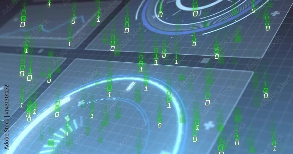 Poster Displaying glowing circular HUD element centered over grid panels with cascading binary digits