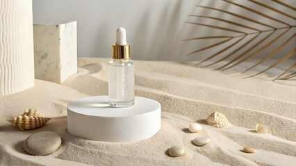 Minimalist skincare product photography, glass dropper bottle, white liquid serum, gold cap, white cylindrical pedestal, sand texture, beige background, luxury skincare, product showcase