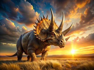 Fototapeta premium Triceratops Savannah Sunset: Golden Hour Prehistoric Portrait