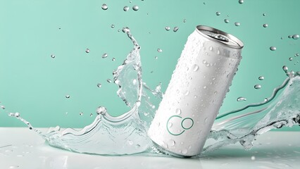 Soda can splash, white color scheme, dynamic water splash, product photography, soda can mockup