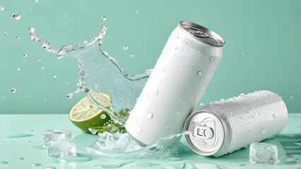 Soda can splash, white color scheme, dynamic water splash, product photography, soda can mockup