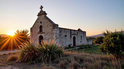 Fototapeta premium Mission church concept. Old stone church at sunset, surrounded by lush greenery and natural beauty.