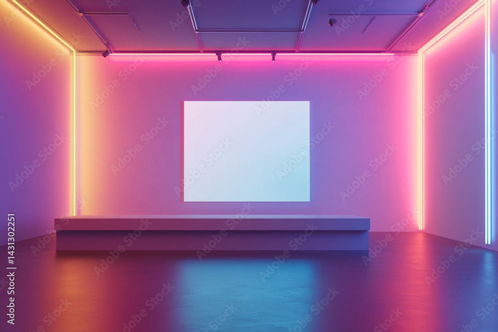 Poster neon lights illuminate a modern gallery space with a blank canvas and platform
