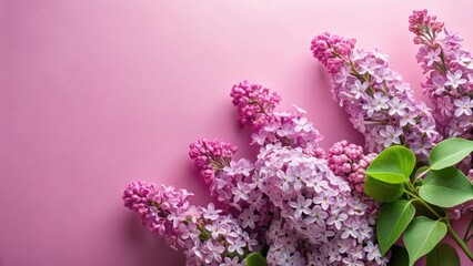 Obraz premium Delightful Lilac Blossoms Arranged on a Soft Pink Background, Creating a Serene and Elegant Floral Composition Perfect for Springtime Greetings or Decorative Purposes