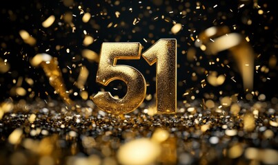 Glittering Gold Number 51 Surrounded by Festive Confetti Shower