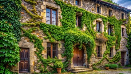 Fototapeta premium Rustic old stone building with ivy and moss covering its walls