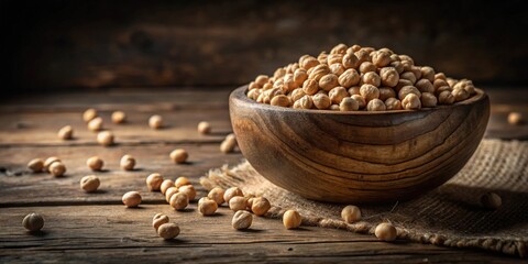 A Rustic Wooden Bowl Overflowing with Dried Chickpeas, Scattered on a Weathered Wooden Tabletop