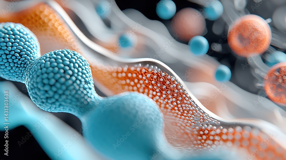 Poster abstract microscopic cellular structures: blue and orange spheres in wave pattern