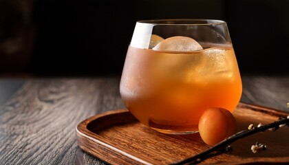 umeshu sour cocktail in a rounded glass with ice placed on a small wooden tray