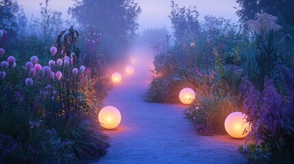 Obraz premium Ethereal Garden Pathway Illuminated by Soft Glowing Orbs