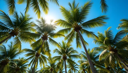 Palm tree canopy with feathery green fronds glowing under a clear blue tropical sky