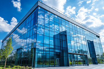Fototapeta premium Modern glass office building reflecting blue sky and clouds