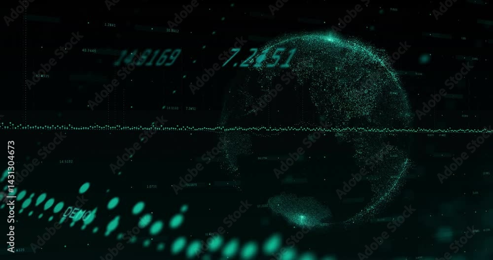 Poster Neon green digital globe rotating in dashboard, streaming glowing data dots and numeric visuals