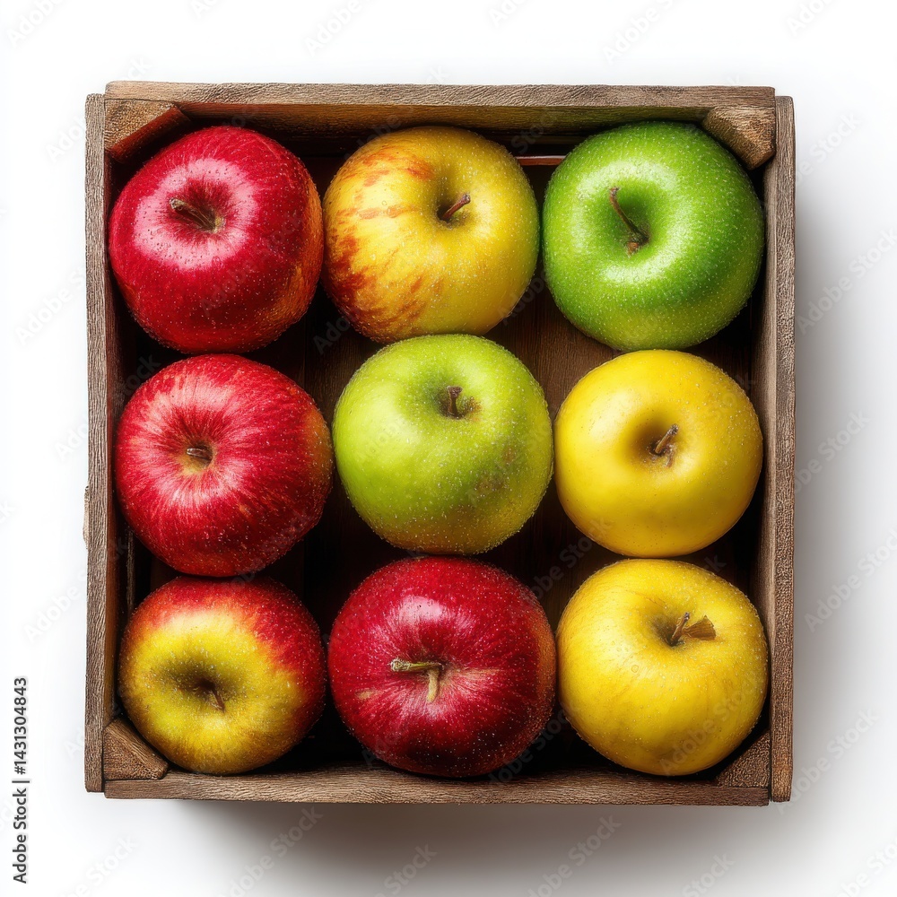 Poster a wooden crate filled with nine colorful apples arranged in a square on a white background. apples i