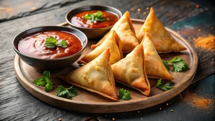 Crispy samosas on a plate with tangy tomato sauce and creamy yogurt dip, restaurant, tomato ,  restaurant, tomato , food
