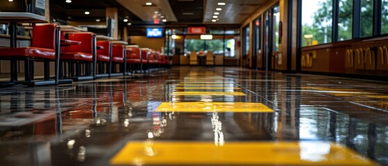 Empty restaurant with shiny floor, red chairs and lighted windows. Suitable for interior designs, advertising of establishments or loneliness concepts.
