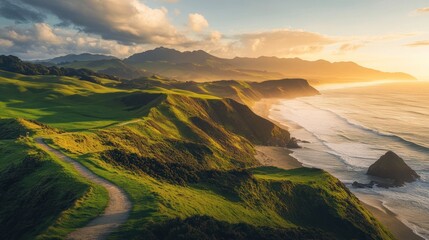 Fototapeta premium Coastal sunset scenic view, winding road, green hills, ocean waves
