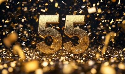 Golden Number 55 Surrounded by Glittering Confetti Celebration