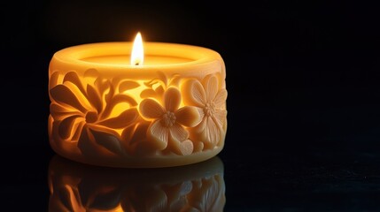Soft-yellow candle with intricate floral carvings