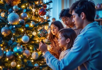 Family decorates Christmas tree with ornaments in cozy living room during the holiday season