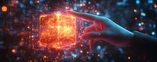 digital hand touching a holographic bitcoin cube, glowing creative idea bulb above, blockchain architecture behind, abstract futuristic setting, 3D ultradetailed render