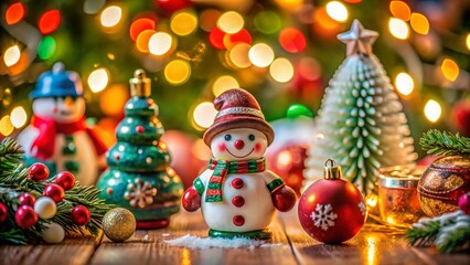 Vintage Christmas Toys & Ornaments Bokeh Close-up: Festive Snowman & Tree