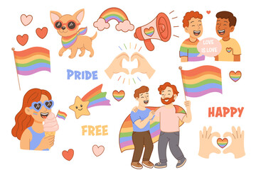 Pride sticker pack with rainbow hearts flags people icons